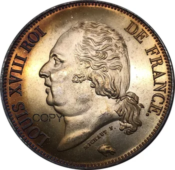 Brev Kant Frankrig 1824 W 5 Francs - Louis XVIII Nøgne Hoved Mønt Metal Cupronickel Forgyldt Sølv Metal, Samlerobjekt Kopiere Mønter