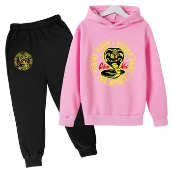 Børn hoodeis bukser sæt Cobra Kai Hættetrøje Dreng Pige Efteråret Vintage Toppe Grafisk Print Træningsdragter Black Snake Sweatshirt Pullover