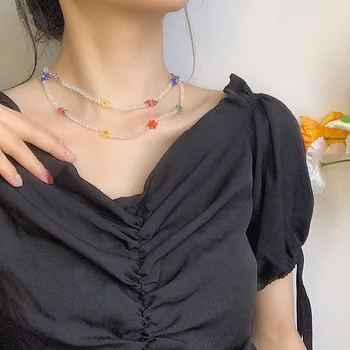 CH-769 koreanske temperament crystal farve blomst halskæde dobbelt hals kæde kravebenet kæde kvindelige