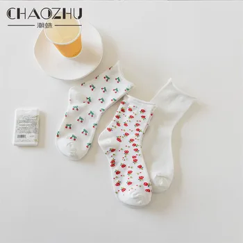 CHAOZHU Piger Kawaii Cherry Rose Små Ikoner Kruset Top Hvid Casual Bomuld Sokker Soft Japansk Søde Søde Stil JK Sox