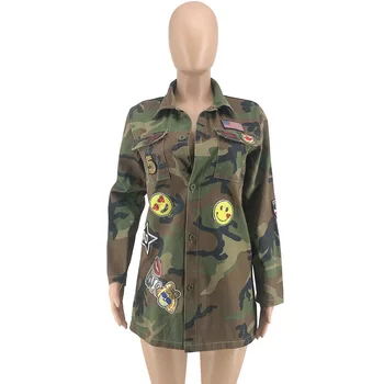 Camouflage Jakker Til Kvinder Single Breasted Fuld Ærme Paillet Lomme Outwear 2021 Foråret Efteråret Nye Militære Stil Jakke, Frakke