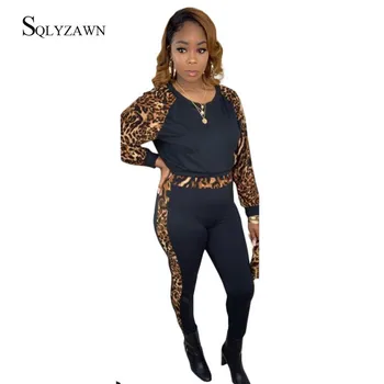 Casual 2 Stykke Traksuit Kvinder Leopard Print Sort Kludetæppe Sweatshirt og Bukser Matchende Outfit Kvindelige Falde Sæt Plus Størrelse 2XL