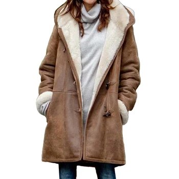 Casual Kvinder, Vinter Farve Horn Spænder Fleece Foring Lang Varm Hooded Coat farve enkle design perfekte gaver