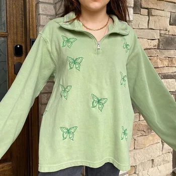Casual Løs Nye Vinter Toppe Lys Grøn Butterfly Embroid Zip Stå Op Krave Vintage Designer Sweatshirt Kvinder, Piger Overdimensioneret