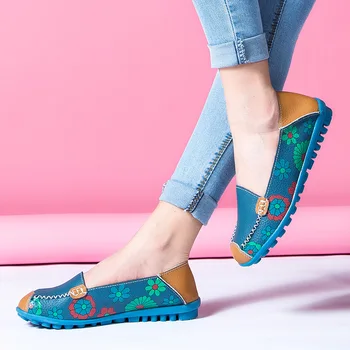 Casual Sneakers Kvinder Lejligheder 2021 Mode Blomster Print i Ægte Læder Blød Fladskærms Kvindelige Loafers Damer Sko Slip på