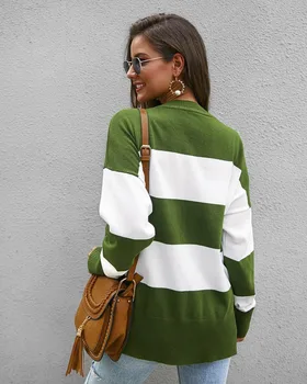 Casual Strik, Grøn og Blå Stribet Sweater Kvinder Foråret Efteråret Patchwork Pullovere 2021 Vintage Grøn Strippet Trøjer, Toppe
