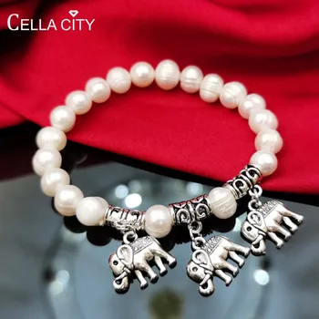 Cellacity Etnisk stil Sølv 925 Smykker ferskvandsperle Perle Armbånd til Kvinder Elephant Thai sølv Naturlige Thailand stil