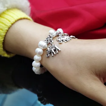 Cellacity Etnisk stil Sølv 925 Smykker ferskvandsperle Perle Armbånd til Kvinder Elephant Thai sølv Naturlige Thailand stil