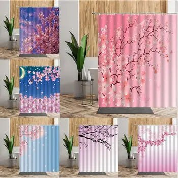 Cherry Blossom Trykt Stof Badeforhæng Japan Naturlige Blomster Månen Fantasi Badeværelse Indretning Vandtæt Baggrund Badekar Gardiner