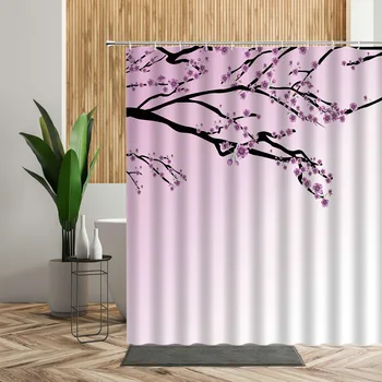 Cherry Blossom Trykt Stof Badeforhæng Japan Naturlige Blomster Månen Fantasi Badeværelse Indretning Vandtæt Baggrund Badekar Gardiner
