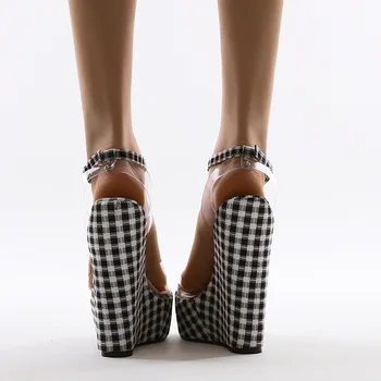 Comemore Mode Gingham Tykke Bunde Kile Sandaler Femme Ankel Spænde Remmen Platform Høje Hæle PVC Transparent Kvinder Sko