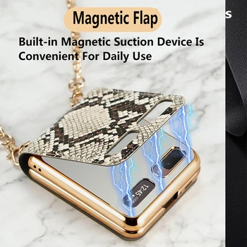 Coque Læder Mobiltelefon etui Til Samsung Galaxy Z-Flip Case Magnetisk Cover Mobil Telefon Taske PC Matal Kæde Fashion Shell Funda