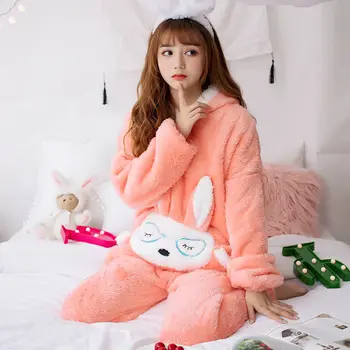 Coral Velour Pyjamas Kvinder Efteråret og Vinteren Tykkere Varmen Studerende Søde Tegneserie koreanske Løs Hætte Flannel Passer til