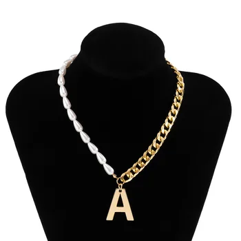 DIEZI Vintage Elegant Perle Halskæde Mode Bogstaver En Form Vedhæng i Guld Farve Metal Kæde Halskæder Kvinder Statement Smykker