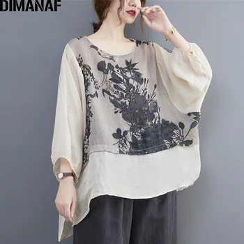 DIMANAF 2021 Efteråret T-Shirt til Kvinder Tøj Bomuld Vintage t-shirt Dame Toppe Skjorte Tunika Løs Afslappet Oversize Print Blomster