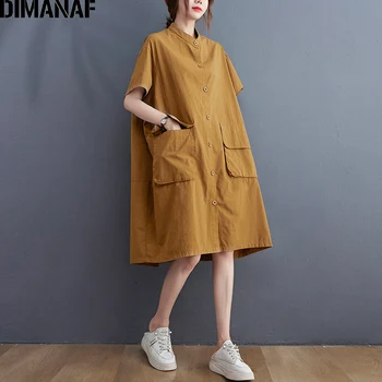 DIMANAF 2021 Sommeren Shirts Kjole Sundress Kvinder Tøj Løs Oversize Vintage Dame Kjole Bomuld Casual Lommer Knappen Cardigan