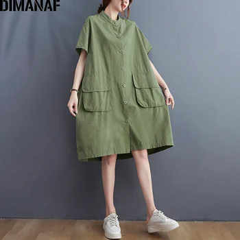 DIMANAF 2021 Sommeren Shirts Kjole Sundress Kvinder Tøj Løs Oversize Vintage Dame Kjole Bomuld Casual Lommer Knappen Cardigan