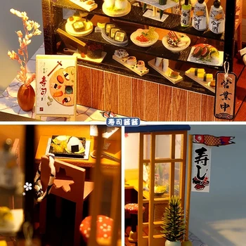 DIY Dukkehus i Træ Dukke Hus Samlet Sushi Dessert Butik Miniature dukkehus Møbler Kit Casa Led Legetøj til Fødselsdag Gave