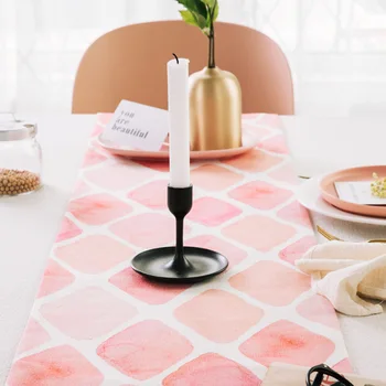 DUNXDECO bordløber Langt Bord, Dække Stof 2lag middagsselskab Tabelcloth Enkel Frisk Pink Check Geometriske Romantisk Dekorere