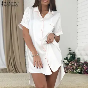 Dame Nightgowns 2021 Sommeren Uregelmæssige Nightshirt Home Casual Nattøj Mini Kjole Plus Size ZANZEA Mode Satin Sleepshirts