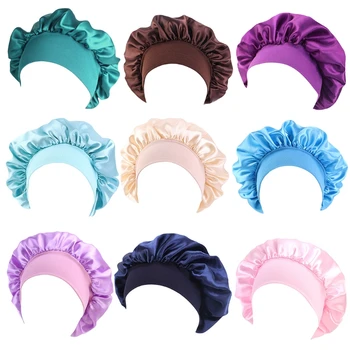 Dame Satin Silke Bonnet Sove Cap Blød Elastisk Bredt Bånd Salon Hoved Hår Dækker Solid Farve Kemo Natten Sovende Hat