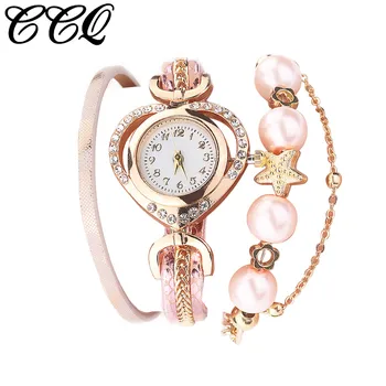 Dames Horloge Kvinder Vintage Skinnende Perle Armbånd, Ringe Analog Quartz Armbåndsur Relojes Para Mujer Часы Женские Наручные