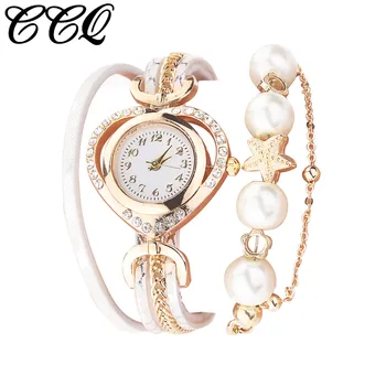 Dames Horloge Kvinder Vintage Skinnende Perle Armbånd, Ringe Analog Quartz Armbåndsur Relojes Para Mujer Часы Женские Наручные