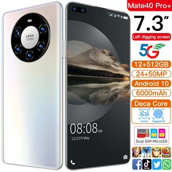 Den globale Version Mate40pro+ 7.3 Tommer Smartphone 6000mAh Batteri Andriod10 Face ID Mobiltelefon MTK6889 Dobbelt SIM-Kort til Mobiltelefon