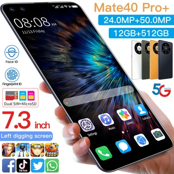 Den globale Version Mate40pro+ 7.3 Tommer Smartphone 6000mAh Batteri Andriod10 Face ID Mobiltelefon MTK6889 Dobbelt SIM-Kort til Mobiltelefon