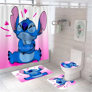 Disney 3D Lilo Stitch Badeværelse badeforhæng Vandtæt Gardiner i Badeværelset med Krog Blød bademåtte Toilet Tæppe Tæpper