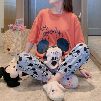 Disney Tegnefilm Mickey Mouse Søde Kawaii Pyjamas Sæt til Kvinder Sommeren 2021 Blød kortærmet Top, Bukser, Pyjamas Sæt, Pijama Feminino