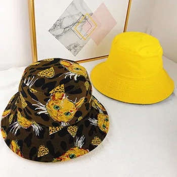 Dobbelt Sidet Dyr Kvinder 's Fisherman' s Hat Harajuku Hip Hop Farverige Bomuld Spand Hatte Sommer Udendørs Fladt Design Panama Hatte