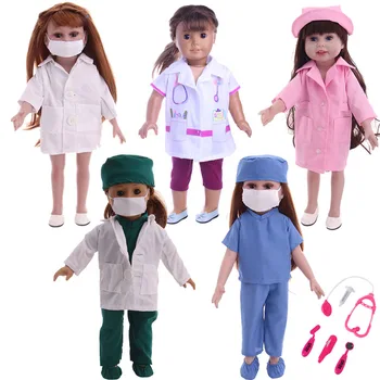 Dukke Tøj Maske Læge Sygeplejerske Uniform Tøj + Legetøj Medicinsk Udstyr, der Passer til 18 Tommer American Doll&43 Cm Baby Dukke Pige Gave