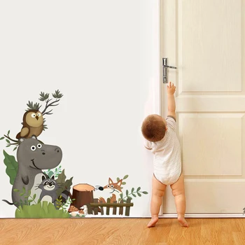 Dyr Hippo Vægoverføringsbilleder Grønne Skov Børnehave Tegnefilm Wall Stickers Til Børn Værelser, Boligindretning Baby Døren Mærkat