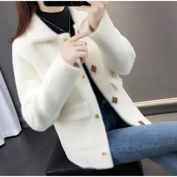 Efterlignet mink velvet jakke kvinder short sweater 21 forår nye koreanske version af den vilde revers strikket cardigan