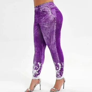 Efterligning Denim Leggings Plus Størrelse 5xl Blonder Bukser med Print Nødlidende Jeans Yoga Bukser med Høj Talje Elastiske Bukser легинсы A50