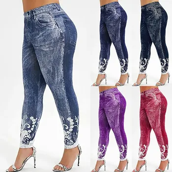 Efterligning Denim Leggings Plus Størrelse 5xl Blonder Bukser med Print Nødlidende Jeans Yoga Bukser med Høj Talje Elastiske Bukser легинсы A50