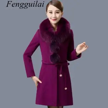 Efterår og vinter kvinder nye mode stor pels krave lange single-breasted cashmere uld frakke dame i stor størrelse snøret uld frakke