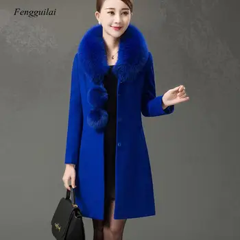 Efterår og vinter kvinder nye mode stor pels krave lange single-breasted cashmere uld frakke dame i stor størrelse snøret uld frakke
