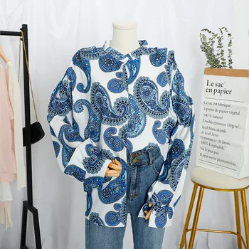 Efteråret Blomster Print Vintage Kvinders Skjorter med Lange Ærmer Enkelt Breasted O-hals Kvindelige Shirt Nye Streetwear Casual Mænds Tøj