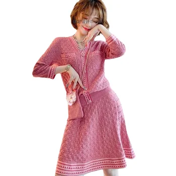Elegant Strikket Kvinders Sommeren Suit med V-hals Enkelt Breasted Kvinder Cardigan Sweater + En Linje, Mini Nederdele Sæt Efteråret Tøj