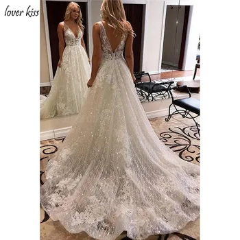 Elsker Kys Vestidos De Casamento Sparkle Brudekjole 2021 V-Hals, Ryg-Sexy Lace Bruden Kjole brudekjoler Robe de Mariage