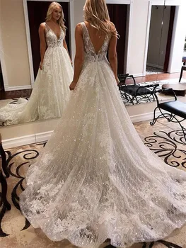 Elsker Kys Vestidos De Casamento Sparkle Brudekjole 2021 V-Hals, Ryg-Sexy Lace Bruden Kjole brudekjoler Robe de Mariage