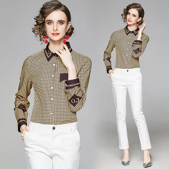 England-Stil Button Down Shirt til Kvinder Kontor Elegant Casual Fashion langærmet Slim Bluse Dropshipping Design Print Toppe