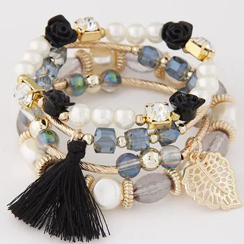 Europæiske og Amerikanske new metal krystal perler armbånd, perler, blomster og blade multi-lag flettede armbånd til kvinder smykker