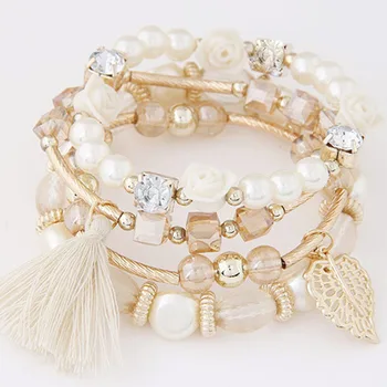 Europæiske og Amerikanske new metal krystal perler armbånd, perler, blomster og blade multi-lag flettede armbånd til kvinder smykker