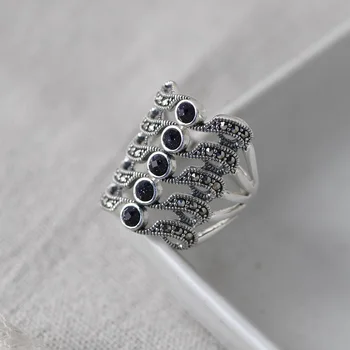 FNJ Sort Agat Ring 925 Sølv Justerbar Størrelse Oprindelige Real S925 Massivt Sølv Ringe for Kvinder Smykker Hule MARCASITE
