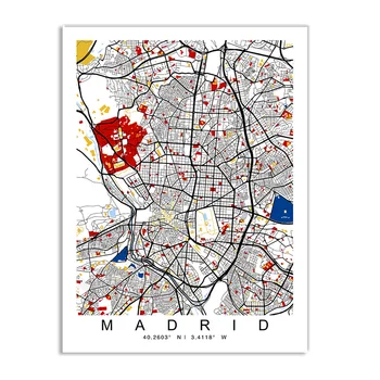 Farve Verdens Kort over Byen New York, London, Paris, Madrid Væg Kunst, Lærred Maleri Nordiske Plakat Print og Udskriver Stue Billeder