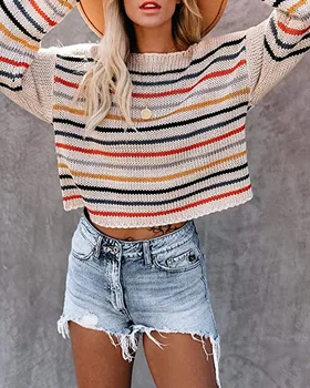 Farverigt Stribet Sweater Kvinder ' s Nye Efteråret 2021 Mode Off Skulderen Slash Hals, Lange Ærmer Casual Løs strikket Korte Toppe