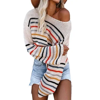 Farverigt Stribet Sweater Kvinder ' s Nye Efteråret 2021 Mode Off Skulderen Slash Hals, Lange Ærmer Casual Løs strikket Korte Toppe
